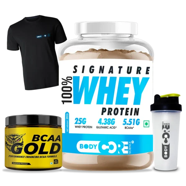 signature whey protein + tshirt + bcaa gold + shaker